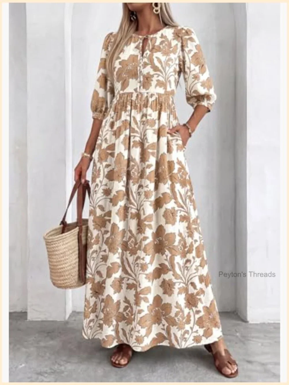 Boho Floral 3/4 Sleeve Flowy Maxi Dress with Pockets - Picture 4 of 7
